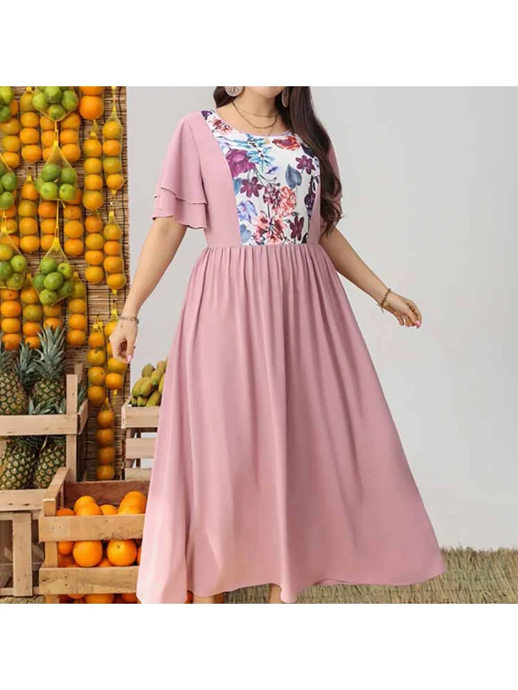 Middle East round neck mid-waist color matching large size women's dress color matching plus size dress