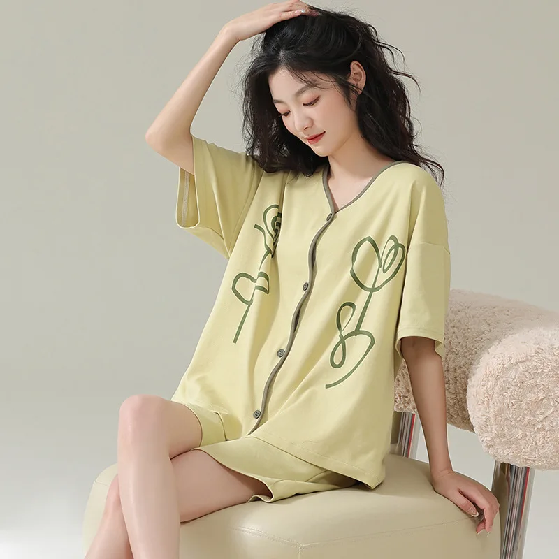 Summer Pure Cotton Pajamas for Women Sweet Temperament Ins Wind Cardigan Short-sleeved Shorts Home Service Suit Soft Loungewear