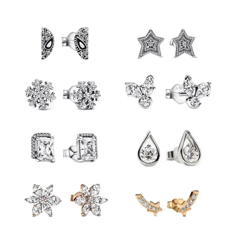 Sparkling Snowflake Shooting Star 925 Sterling Silver Stud Earrings For Women Brilliance Lab-created Diamond Mask Flower Cluster