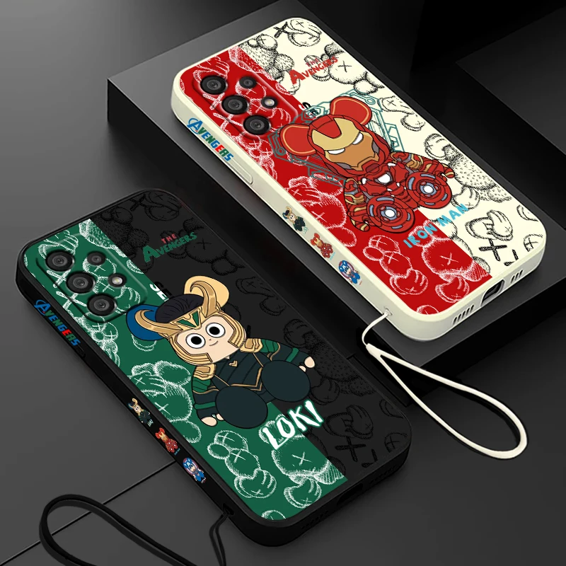 

Marvel Cartoon iron man Loki Samsung Phone Case For A73 A53 A33 A52 A32 A71 A51 A21S A03S A50 A30 5G Liquid Left Rope Cover
