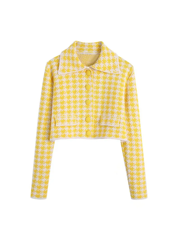

2022 Spring Women Casual Short Cardigan Sweaters Coats Long Sleeve Knitting Plaid Female Elegant Casual Sweater Clothing
