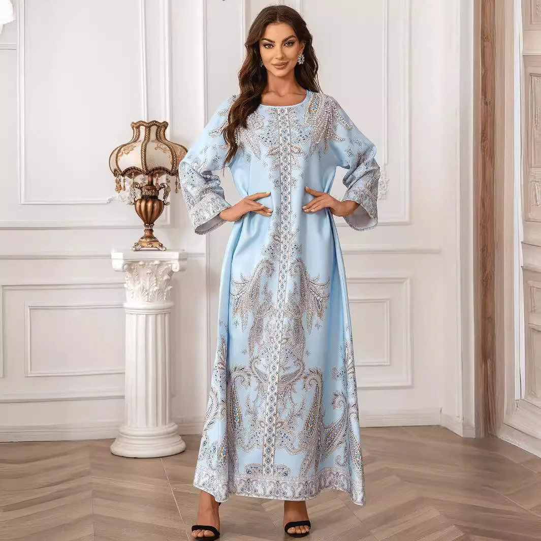 ZD011 Дубай ins мусульманский женский халат с принтом из бисера платье круглым