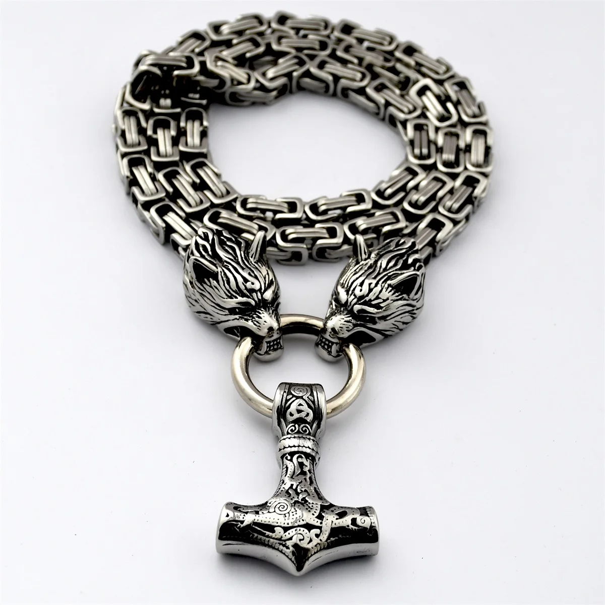 

Nordic Celtic Wolf Men's Viking Thick Necklace Viking Wolf Stainless Steel Thor's Hammer Pendant Necklace norse Amulet Jewelry