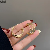 fashion jewelry 925 silver needle hoop earrings three row simply design classic metallic gold color metal for women gifts