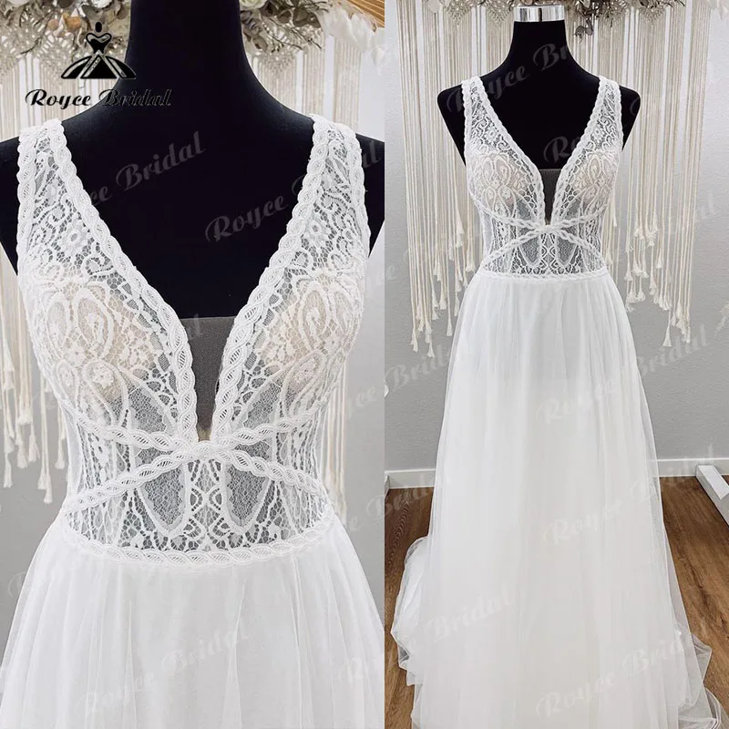 

Богемное свадебное платье А-силуэта в стиле бохо 2022, Пляжное платье с длинными рукавами-фонариками и вырезом, свадебное платье с высоким вор...