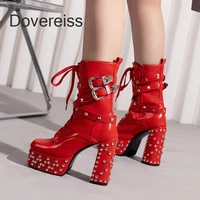 2022 winter red ankle boots cross tied fashion sexy platform female waterproof square toe chunky heels block heels big size42 43