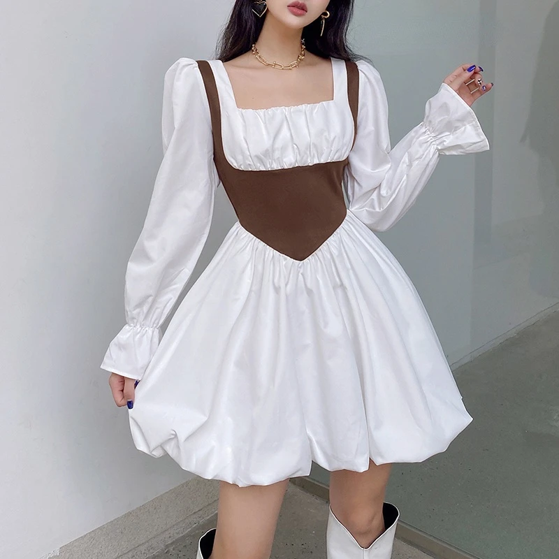 

HOUZHOU Vintage White Corset Dress Women Elegant Cute Brown Patchwork Square Collar Puff Sleeve Fairycore A-line Mini Dress