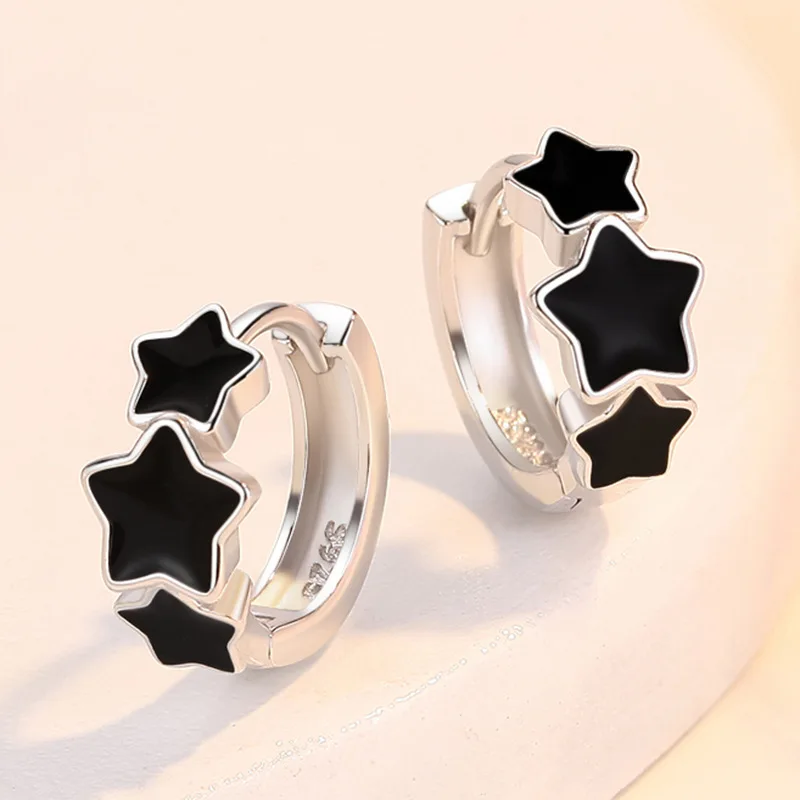 KOFSAC 2022 New Trendy 925 Sterling Silver Hoop Earrings Female Jewelry Glamorous Chic Black Star Earring Women Birthday Present