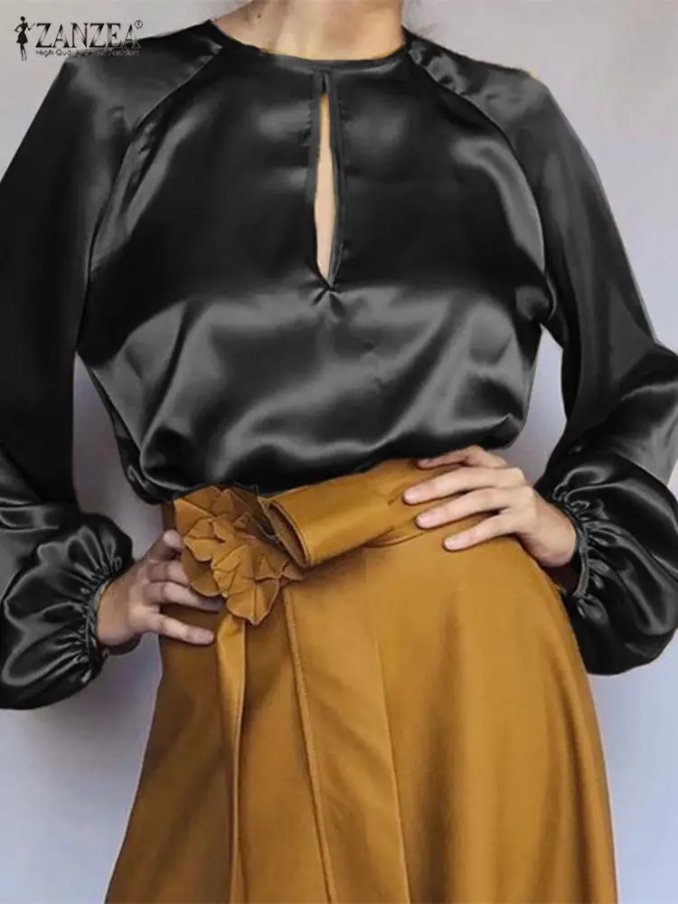 

ZANZEA Satin Silk Round Neck Blusas Long Puff Sleeve Elegant Women Hollow Chest Tunic Tops Everyday Casual Fashion OL Blouses