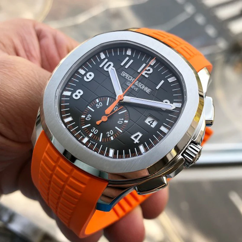 

New Japan Movement Quartz Men Watch Man Orange Rubber Chronograph Automatic Date Stainless Steel Sports AAA PP Male Wristwatch