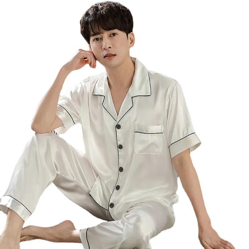 Men Pajama Sets Silk Satin Pijama Turn-down Collar Sleepwear Long Sleeve Spring Nightwear Male 2 Pieces Sets Homewear