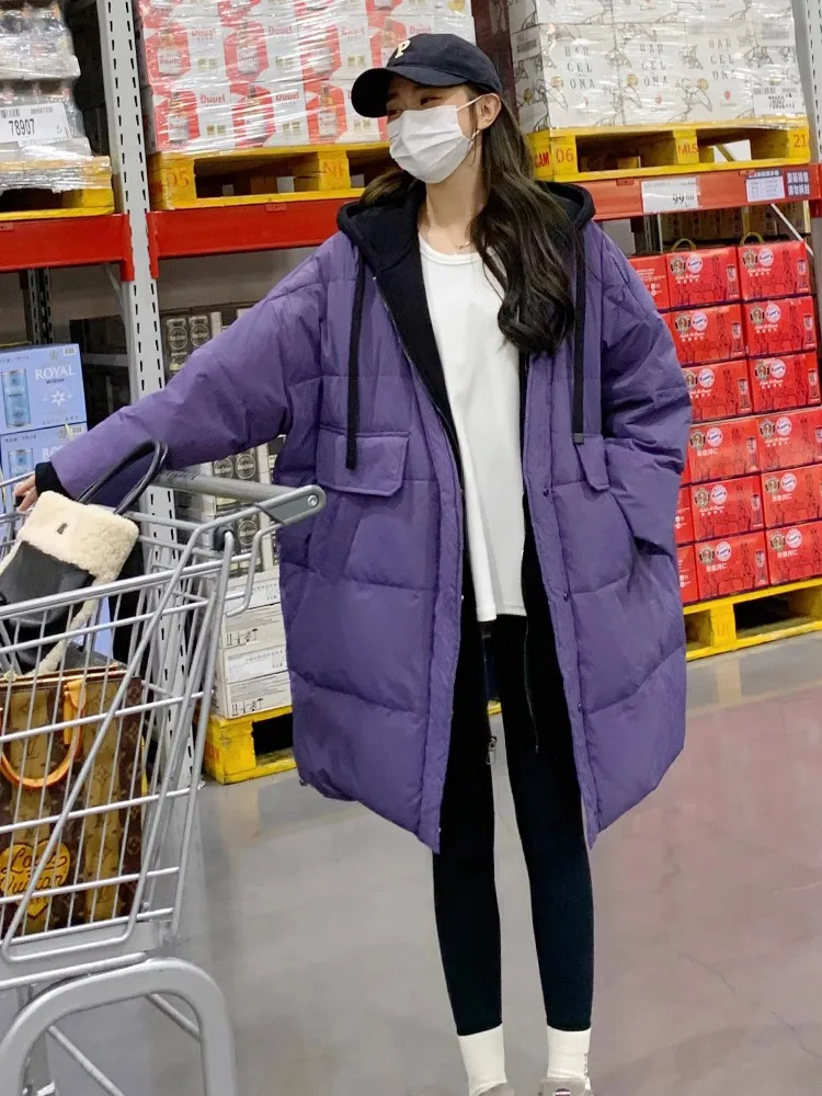 2023 New Women's Fake Two Down Jacket Coats, Thermal Chunky Hooded Large Loose White Duck Down Winter Women's Coat