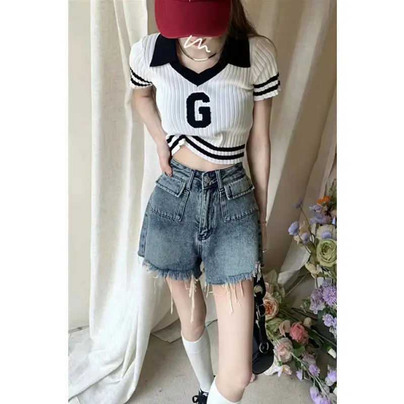 Y2k Shorts For Women Short Jeans Raw Edge Light Blue Baggy 2000s Korean Style Fashion High Waist Straight 2023 Mini Denim Pants