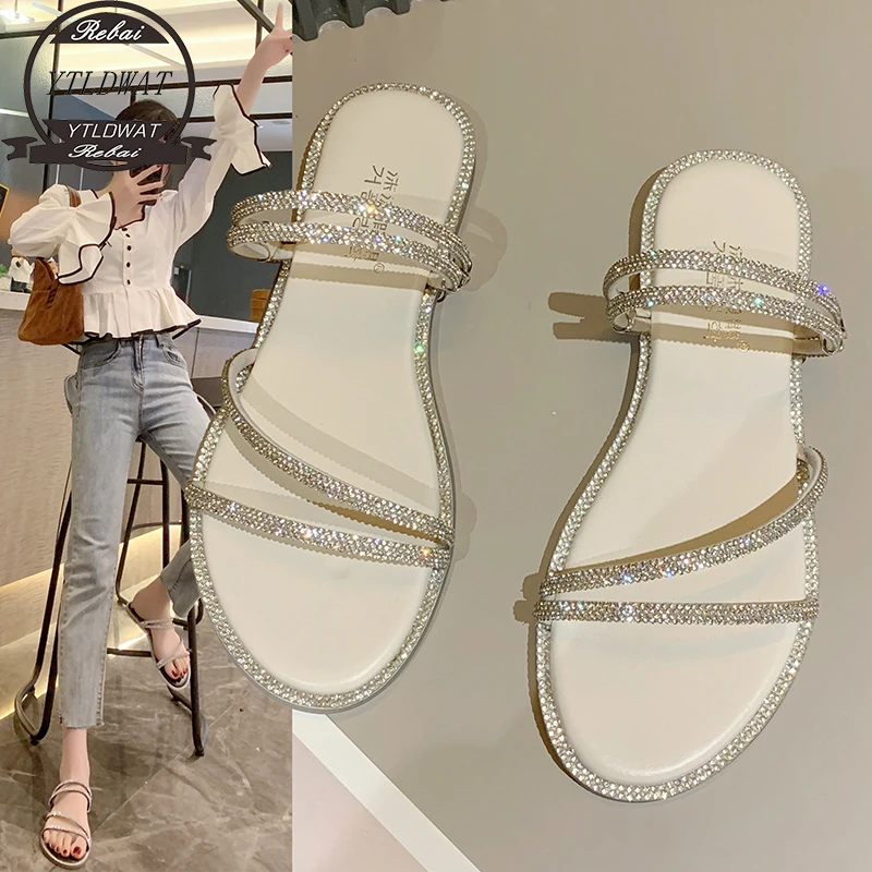 

Flat Shoes Female Ladies' Slippers Slipers Women Luxury Slides Jelly Flip Flops 2022 Designer Glitter Soft Basic Fashion Crystal