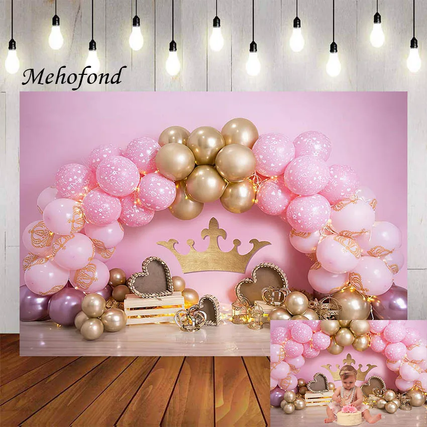 

Mehofond Photography Background Gold Crown Pink Balloon Heart Girl Birthday Party Cake Smash Portrait Decor Backdrop Photo Studi