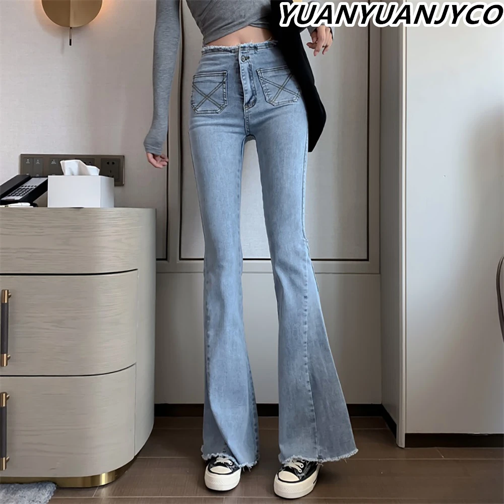 

Винтажные хлопковые расклешенные джинсы YUANYUANJYCO с бахромой, женские модные весенне-осенние длинные джинсовые брюки с высокой талией и карма...