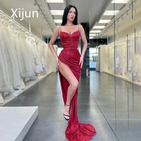 xijun sexy glitter red wine prom dresses sweetheart sequin shiny mermaid evening gowns spaghetti strap side split robe de soiree
