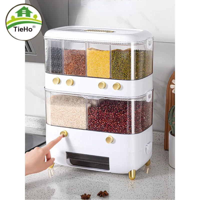 

Kitchen Double-layer Grain Rice Bucket Large Capacity Compartment Storage Cabinet Sealed Tank Home Furniture Accessories