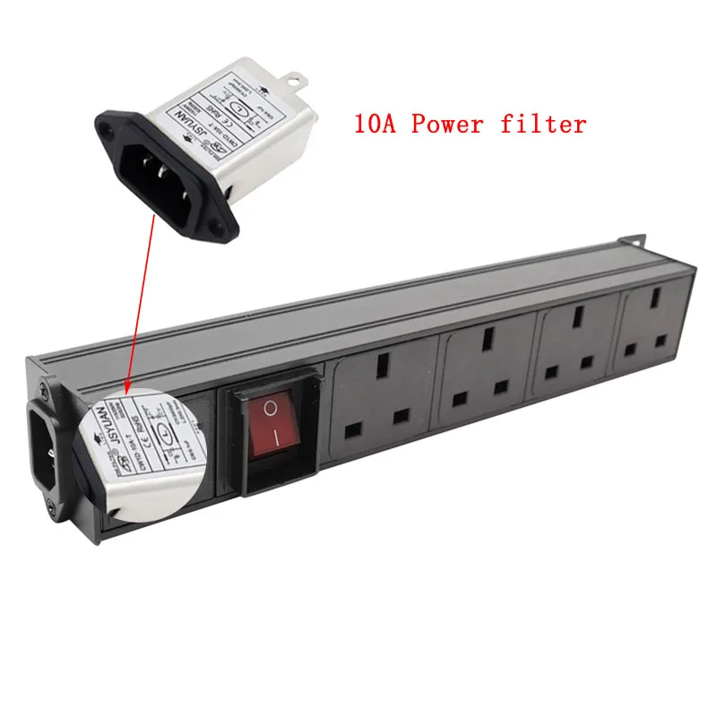 

PDU Power Distribution Unit for Cabinet Strip Socket 4 way UK Plug Outlets C14 Interface 10A power filter