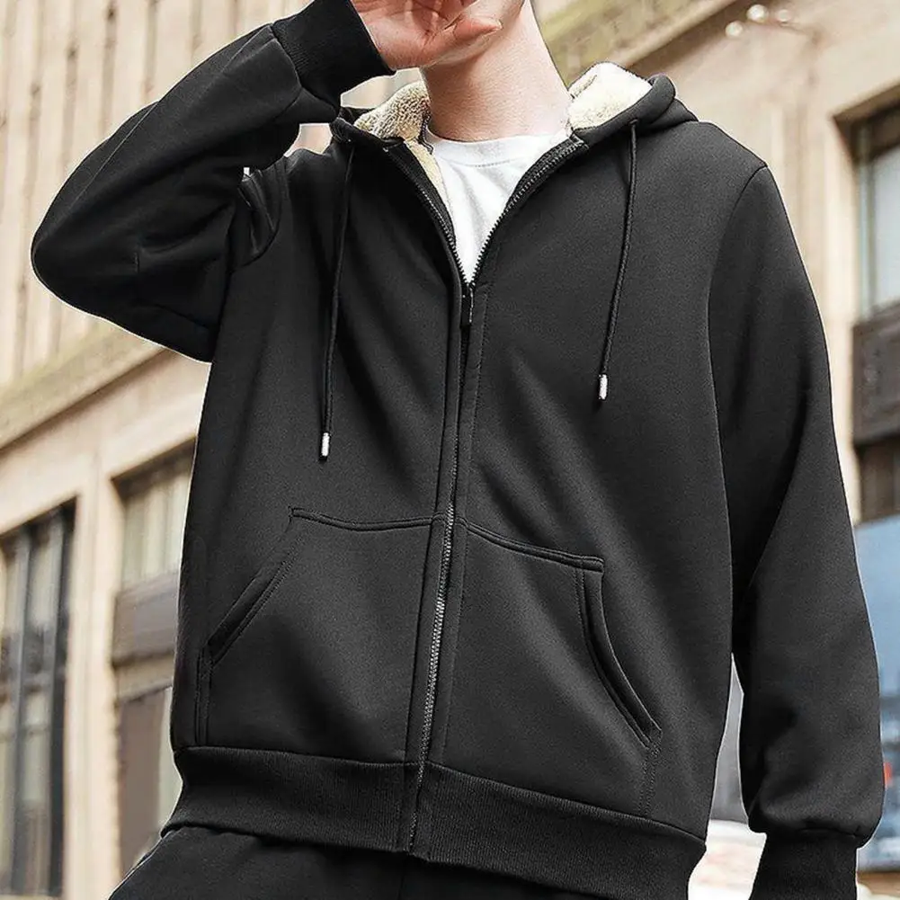

Men Coat Cozy Hooded Men's Winter Coat Thick Plush Drawstring Closure Long Sleeve Cardigan Warm Stylish Outerwear Winter Hooded
