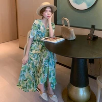 2022 summer womens wear new floral skirt elegant temperament v neck sexy green long dress hot wholesale in 2023 free shipping