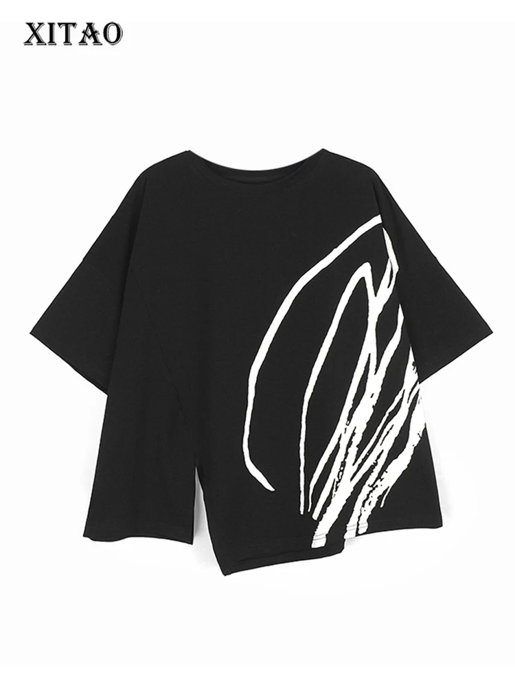 Женские Асимметричные футболки XITAO, корейское летнее платье с круглым вырезом и коротким рукавом, новинка 2023, WLD16669