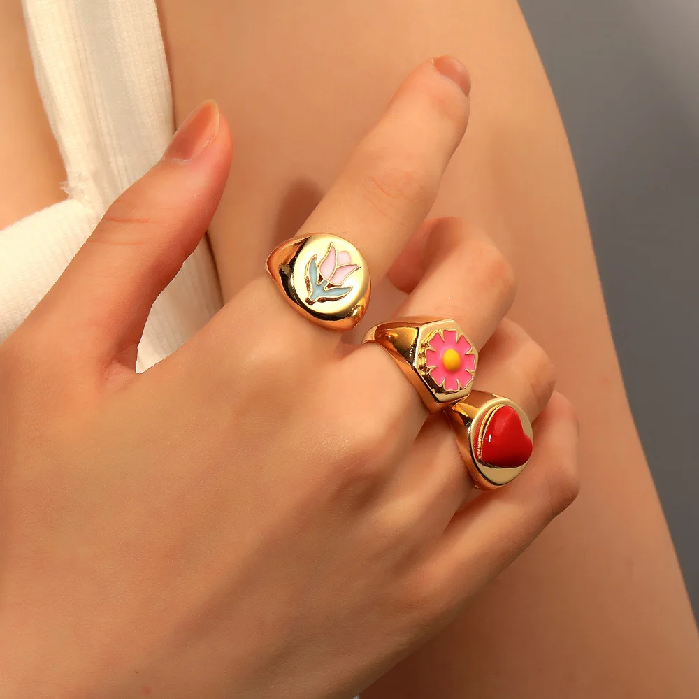 

Aporola Fashion Geometric Sweet Flower Ring Retro Multicolor Drip Oil Love Ring Fashion Index Finger Ring for Women Gift Ring