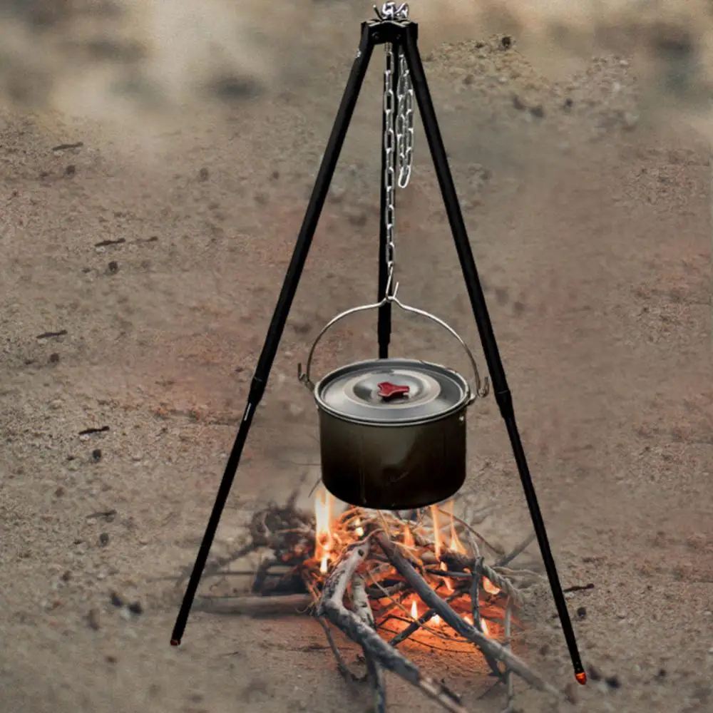 

Aluminum Alloy Campfire Tripod Lead Free Camping Equipment Black Cooker Hook Height Adjustment Galvanized Iron Camping Tripod