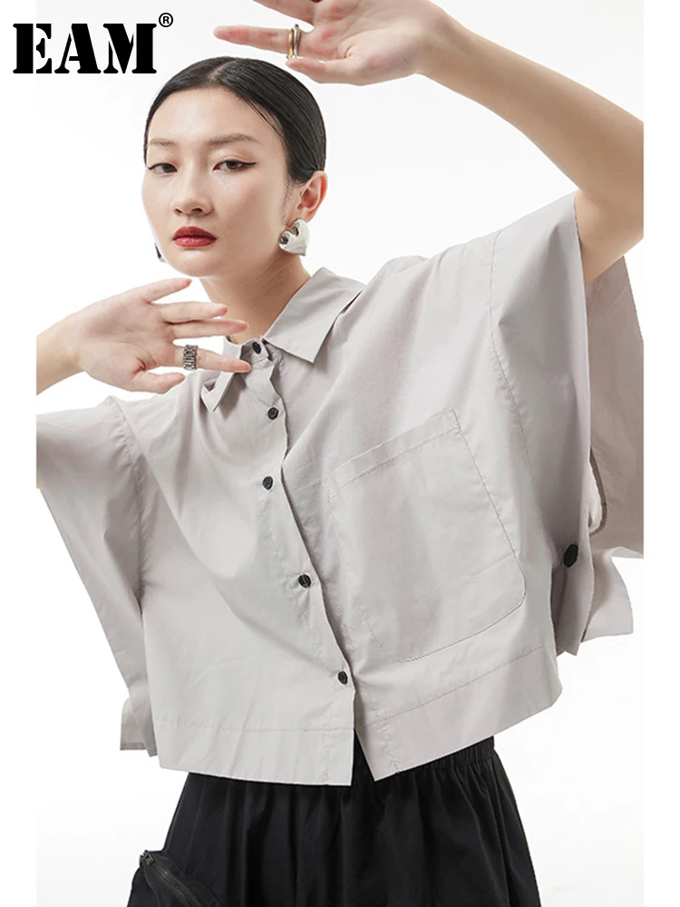 

[EAM] Women Gray Brief Big Size Blouse New Lapel Half Batwing Sleeve Loose Fit Shirt Fashion Tide Spring Summer 2023 1DE8374