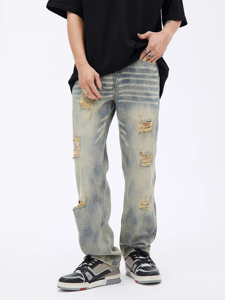 American Men's Trousers Ripped Loose Solid Color Jeans Streetwear Design Clothing Hip Hop Ladies Korean Slim Casual Jeans Denim