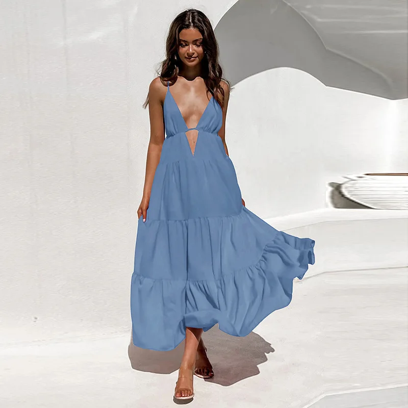 

Women's Sexy Long Dresses Solid Deep V-Neck Spaghetti Straps Open Back High Waist Women A-Line Long Dress Summer 200