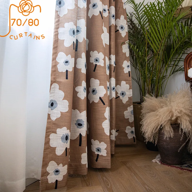 Coffee Color Flowers Nordic Modern Minimalist Imitation Cotton and Linen Curtains for Living Room Bedroom Finished Products