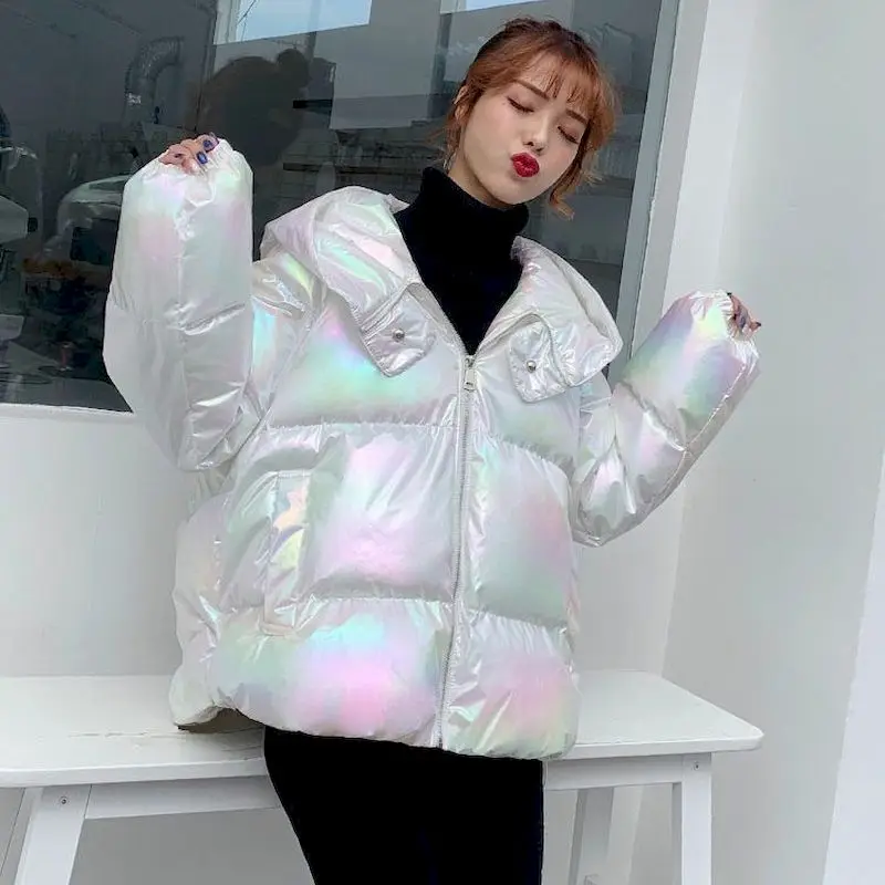 Women's 2021 Winter New Cotton-padded Clothes Wash-free Bright Loose Coat Cotton Jacket Women Short Colorful Hooded Padded Top