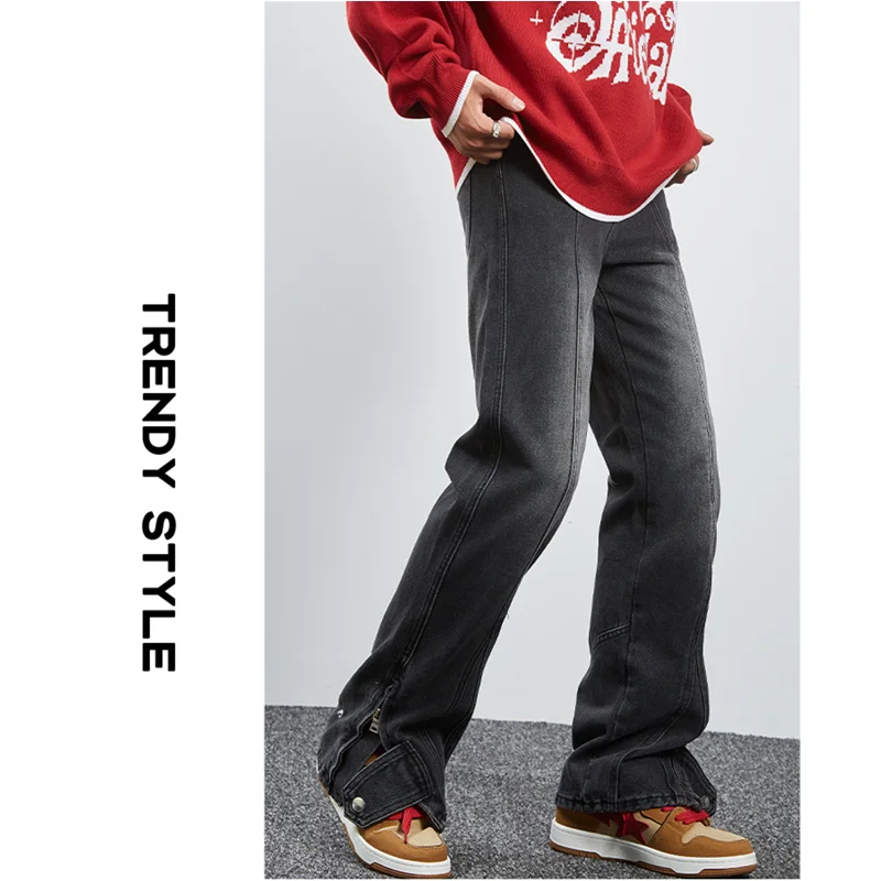 Streetwear Men Side Fork Foot Buckle Zipper Recreational Jeans Black Loose Straight Cylinder Trousers Autumn and Winter Female