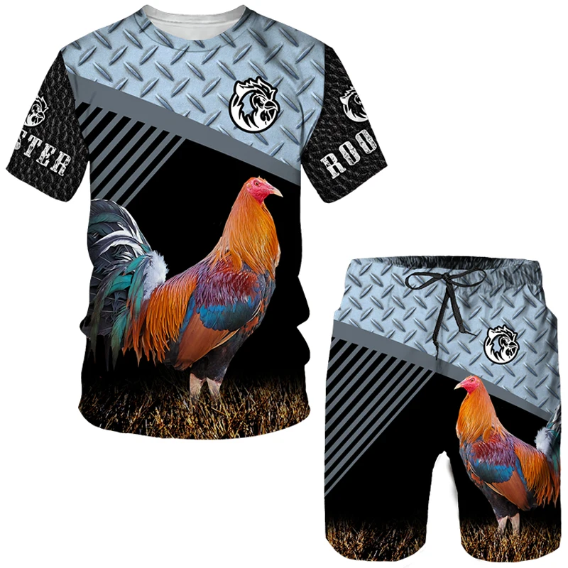 Summer Men's 3D Printed Fun Rooster Hunting Camo T-Shirt Shorts Suit Cool Rooster Animal Summer Fashion Sportswear Two-piece Set