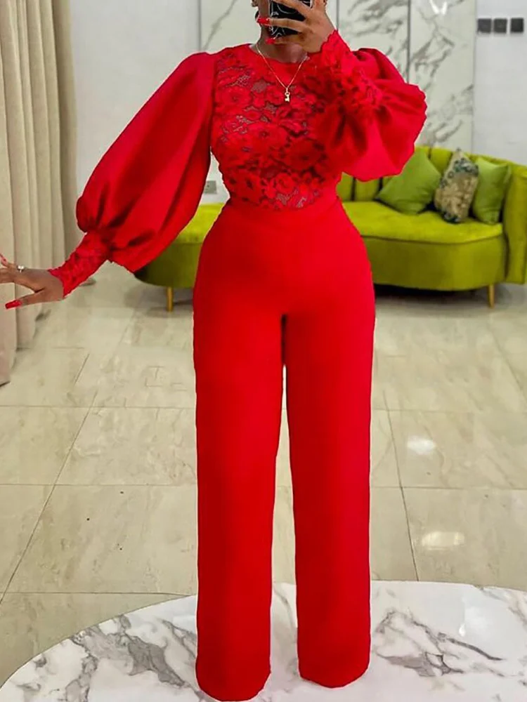 Elegant Fashion Women Jumpsuits Puffy Long Sleeve Lace Stitching See Through Wide Leg Pants Elastic Rompers Party Office Outfits