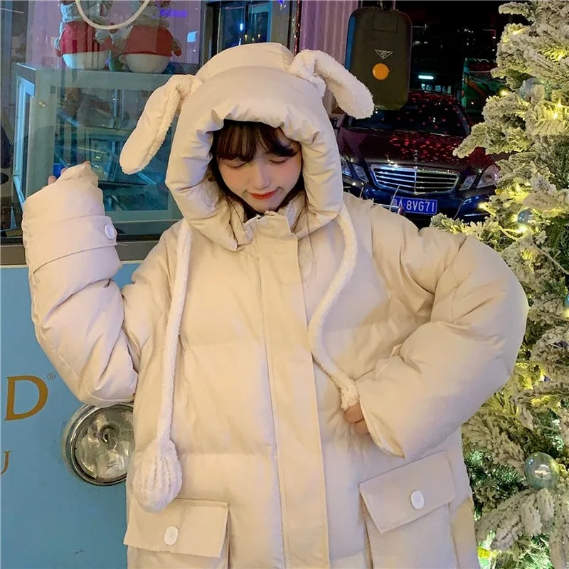 Female Students Sweet Korean Mid-length Thick Cotton-padded Jacket Kawaii College Style Cute Rabbit Ears Cotton-padded Jacket