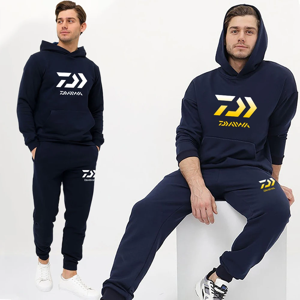 Autumn Winter Men's Tracksuit Daiwa Fishing Print 2 Pieces Set Sweatshirt + Sweatpants Couple Hoodies Suit Women Clothing