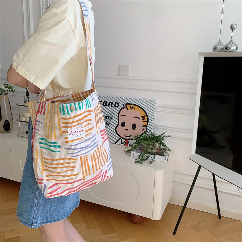 

Youda New Style Corduroy Shoulderbag for Women Colorful Striped Pattern Crossbody Bag Large Casual Capacity Shopper Tote Bags