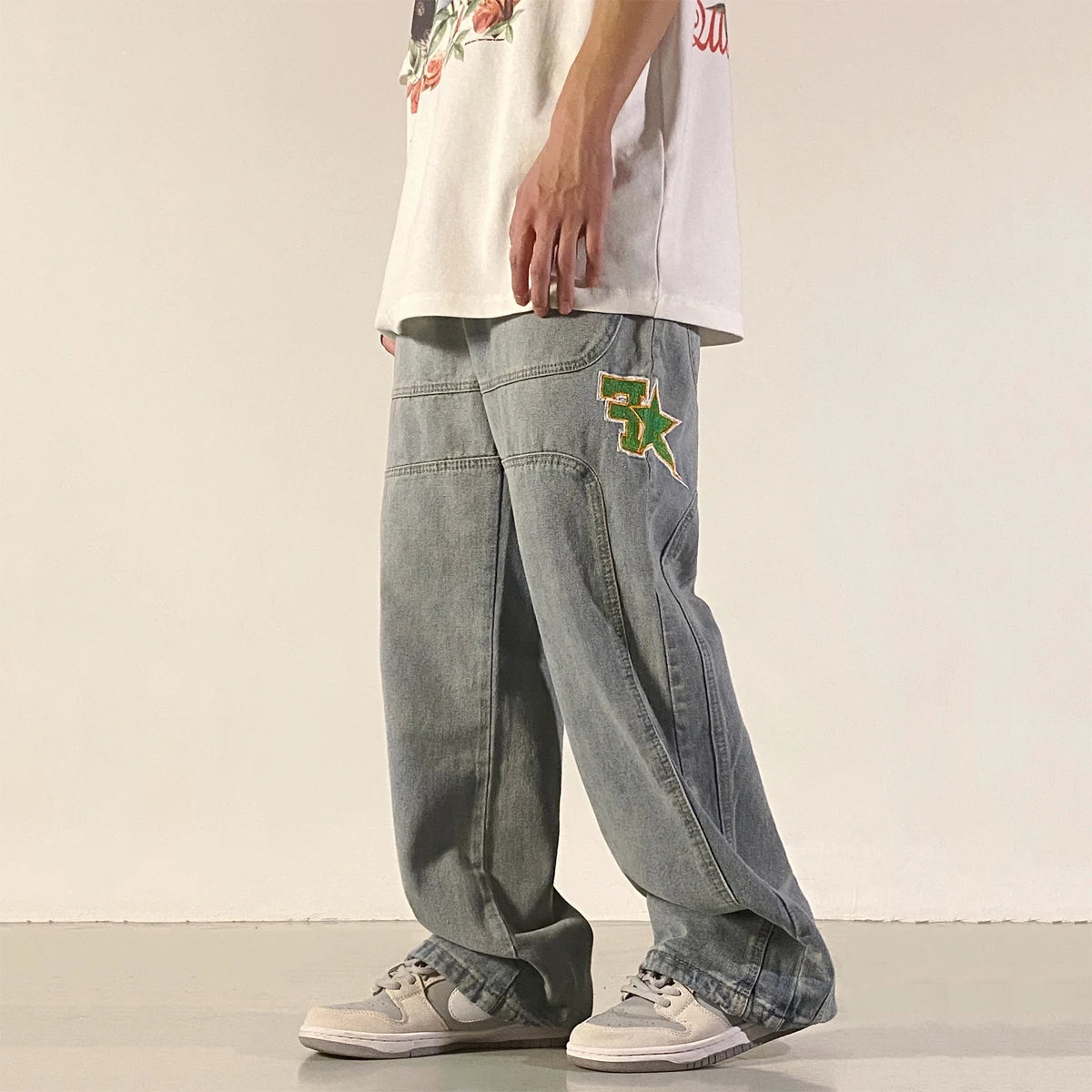 Four Seasons Men Jeans High Street Letter Embroidery Stitching Micro-Flare Casual Men's Loose Jeans Y2k Pants Ins Hot Sale JEANS