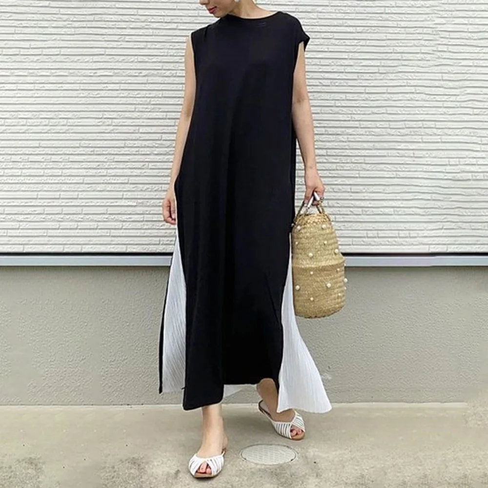 

Sleeveless Ankle-Length V-Neck High Waist Women's Dress Black Korean Fashion One Piece Dress Plain A Line Casual Loose Vestidos
