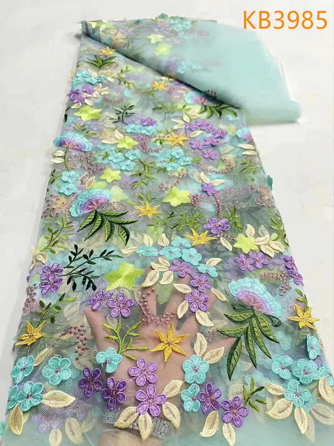 Синяя 3D цветочная кружевная тюлевая ткань высокого качества нигерийская