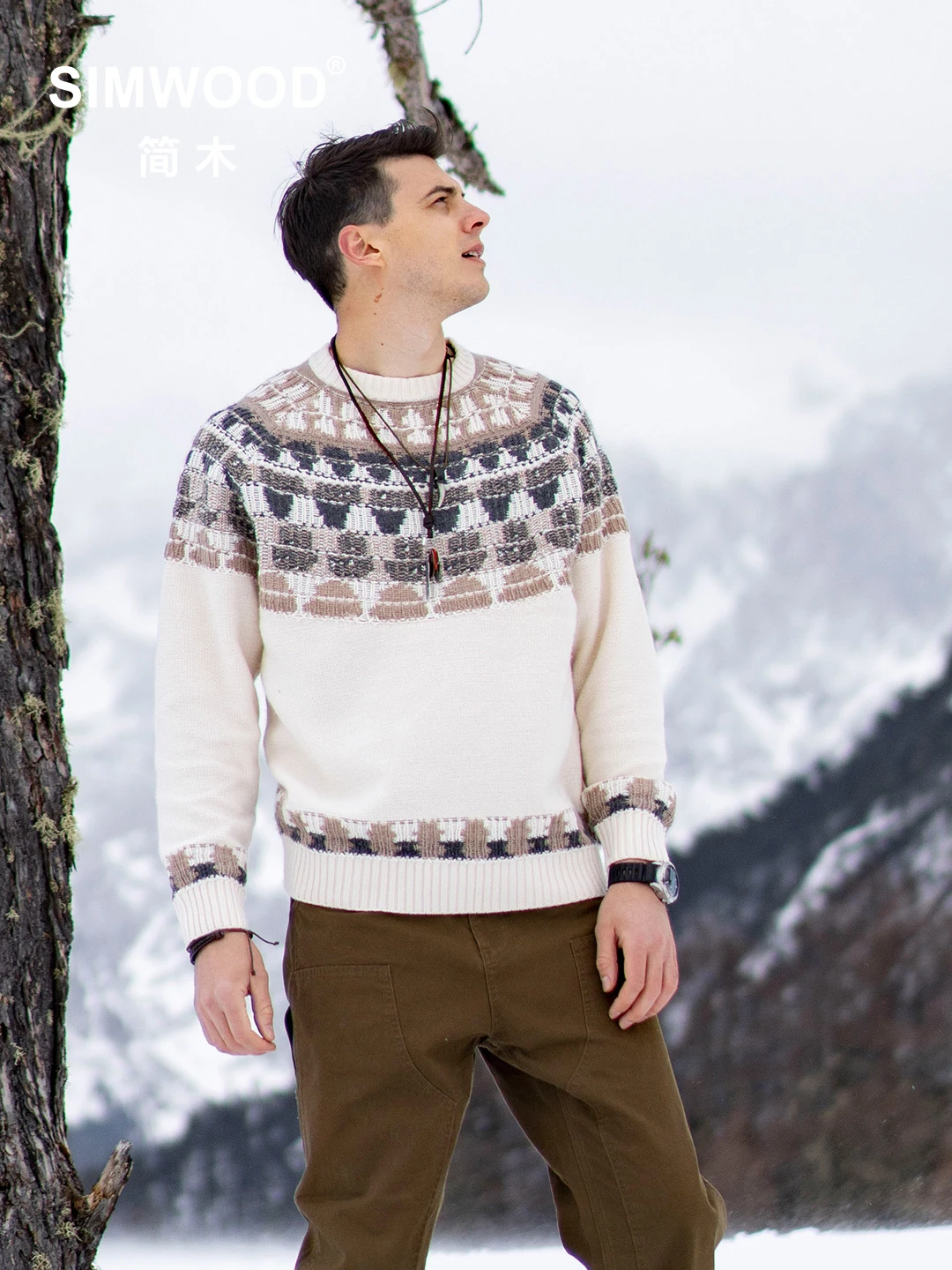 

SIMWOOD 2023 Autumn Winter New Oversize Wool Blend Sweater Men Bohemian Style Contrast Color Christmas Pullovers
