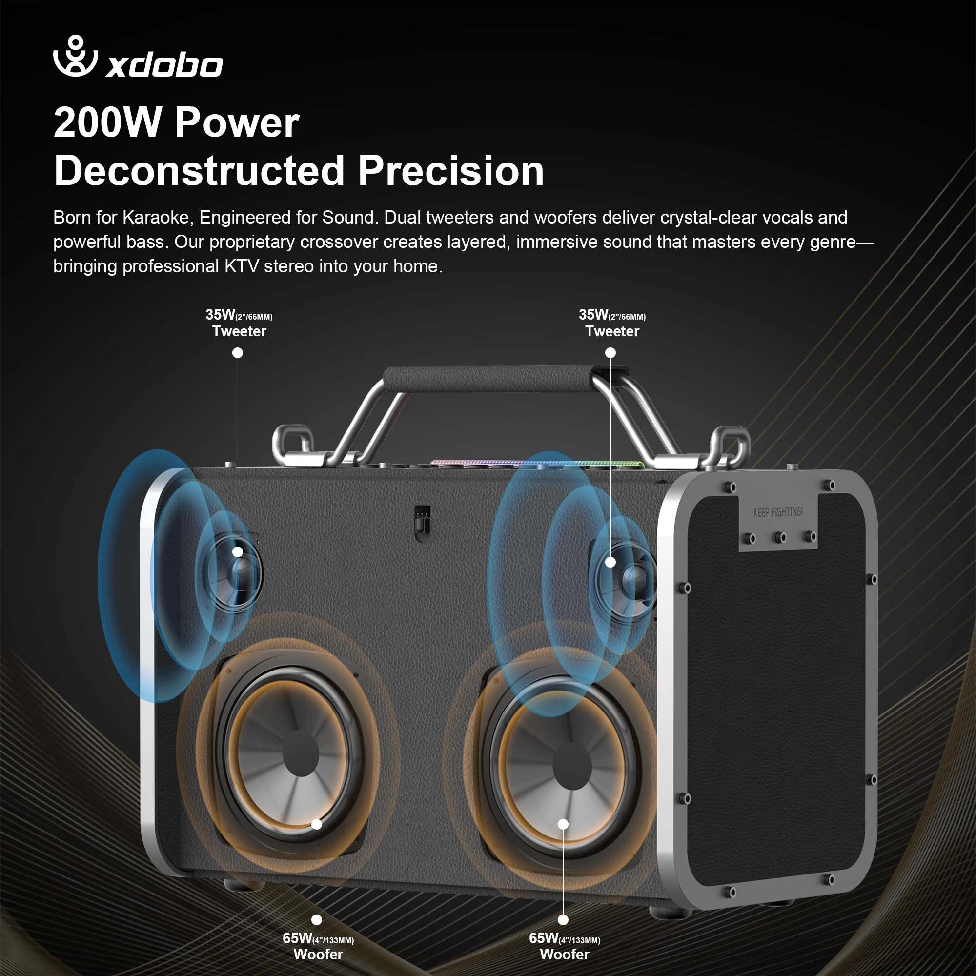 Фото Портативная колонка XDOBO BMTL Bold Pro 200W с мощным звуком, глубокими басами, беспроводная, для вечеринок на открытом воздухе и караоке, с 2 микрофонами для караоке. №4