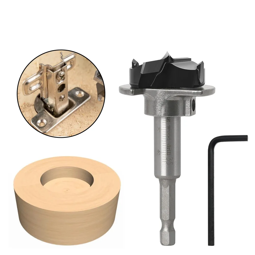 

Adjustable depth woodworking hole opener hexagonal handle 35mm hard alloy flat wing drill adjustable hinge hinge hinge