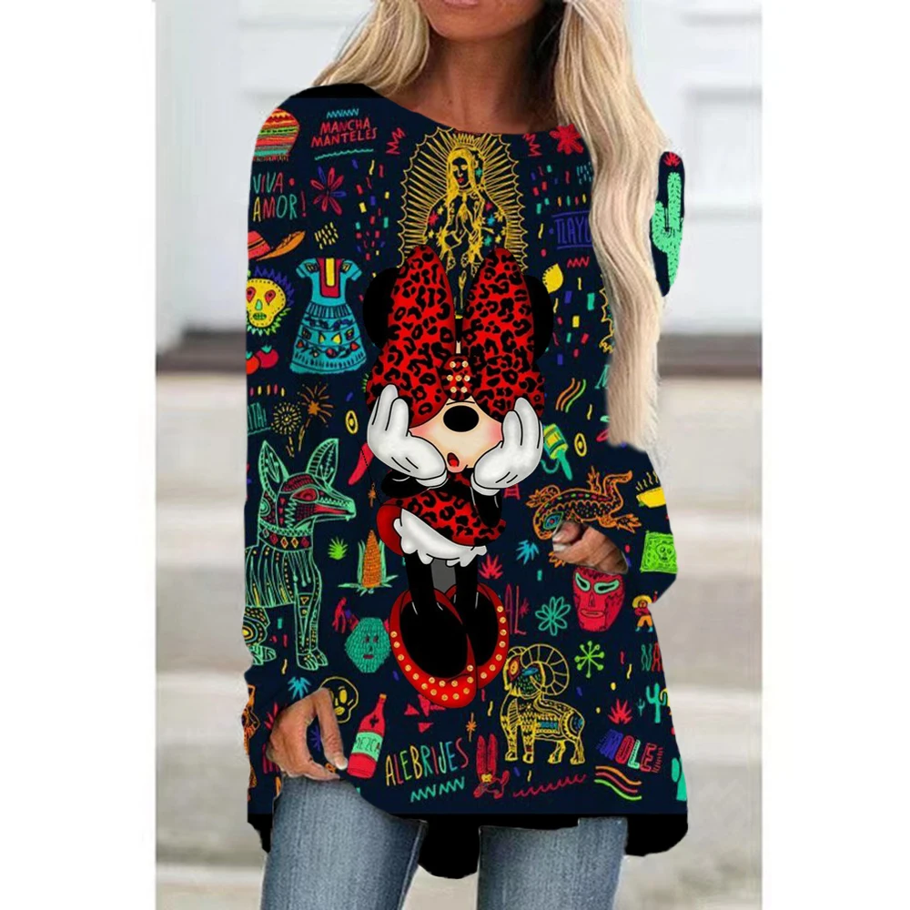 

Женская длинная футболка с длинным рукавом, Повседневная Свободная футболка с 3D-принтом Диснея Микки Мауса, уличный топ на осень