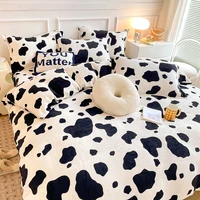 Milk Velvet Bedding Set Black White Cow Leopard Pattern Duvet Cover Bed Linens Pillowcase Winter Warm Soft Flannel Bed Sheet Set