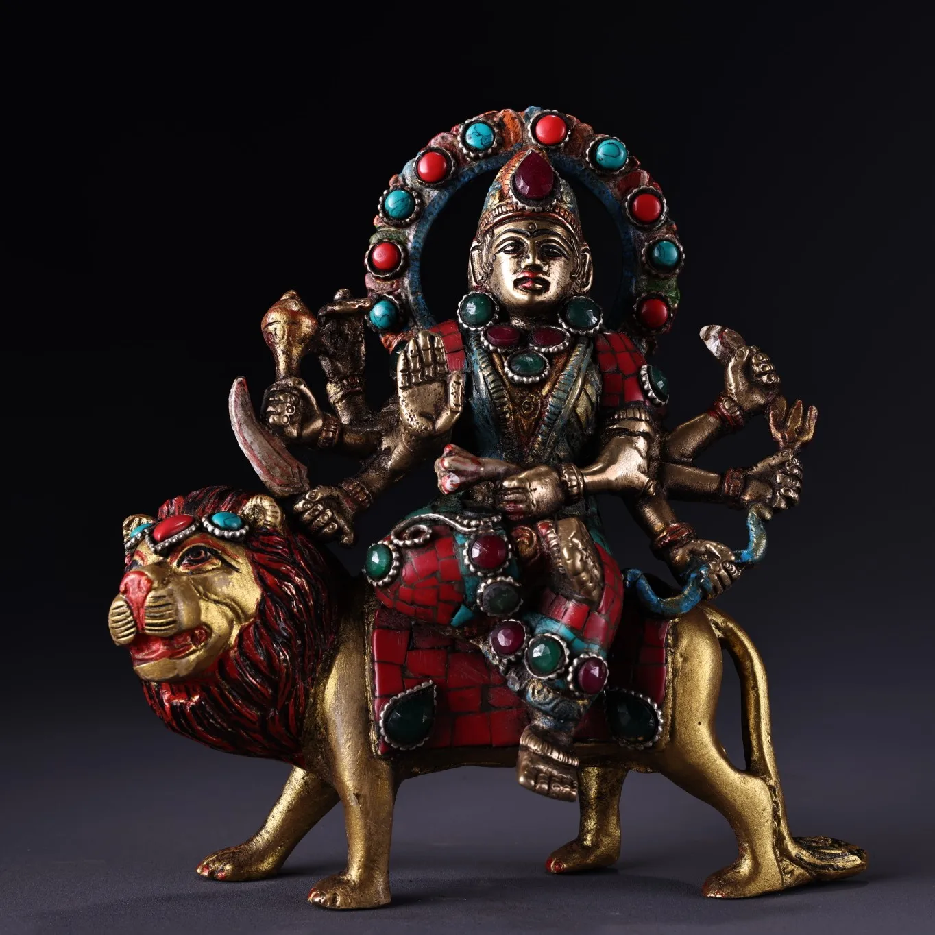 

Коллекция тибетских храмов, 6 дюймов, античный бронзовый контур под золото, окрашенный драгоценный камень, защита льва для езды в городе дха...