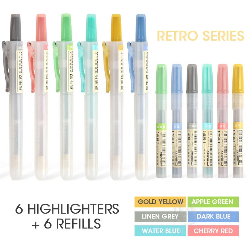 

Andstal 24 Colors Retractable Highlighter Pen Refillable Pastel Fluo Soft Retro 6/12 Pcs Fluorescent Color for School Marker Set