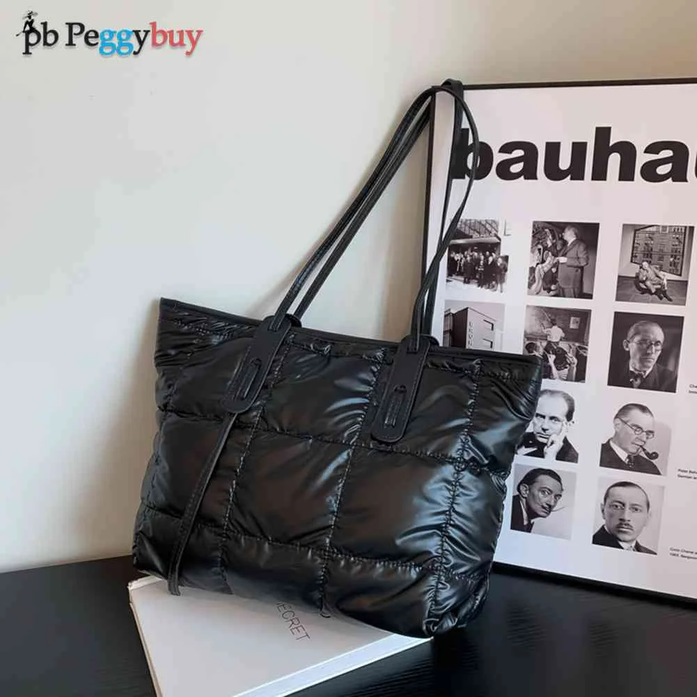 

Fashion Women Handbags Cotton Padded Winter Shoulder Bag Casual Ladies Large Capacity Zipper Handbags Black Tote Bag Purses 2022